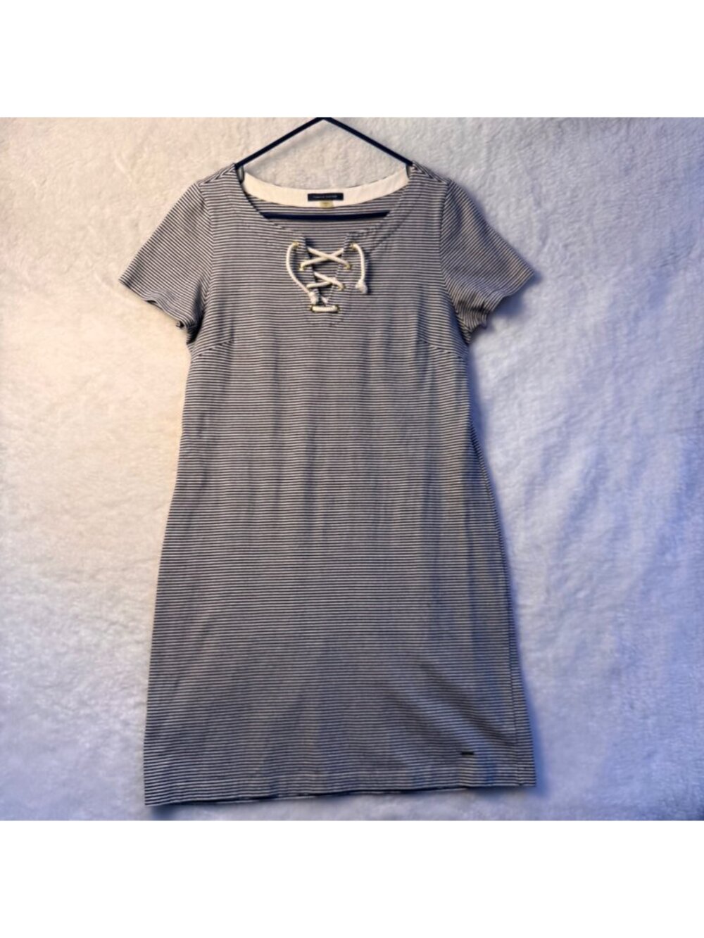 TOMMY HILFIGER MEDIUM BLUE WHITE STRIPED COTTON T-SHIRT DRESS NAUTICAL ROPE TIE